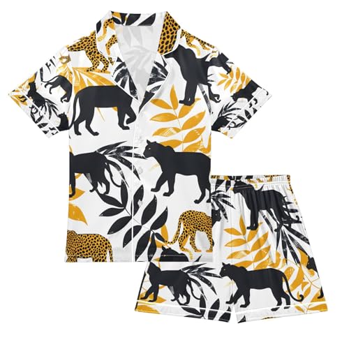 senya Leopards Leaves A Satin Summer Pajama Sets Silk Short Sleeve Button Down Sleepwear