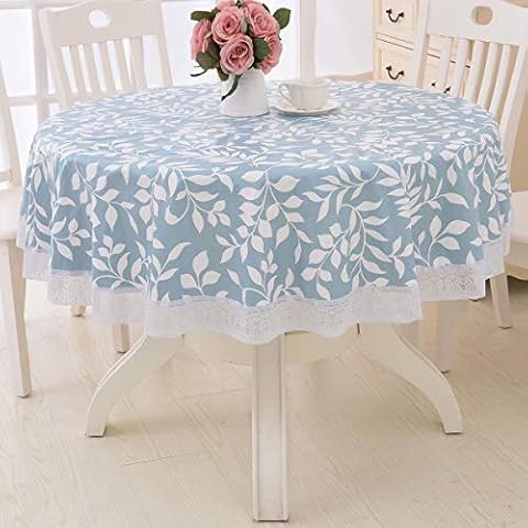 LOHASCASA Round Vinyl Oilcloth Lace Tablecloth Waterproof PVC Plastic Wipeable Peva Heavy Duty Oil Spillproof Circle Tablecloth for Kitchen BBQ Blue Leaf 60 Inch Cover