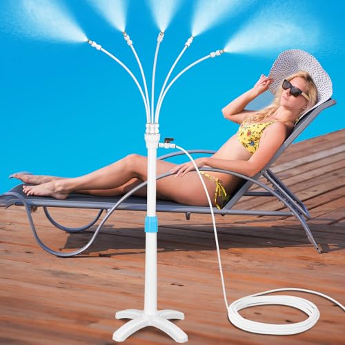 Stand Mister System, Portable Misting Cooling System with Upgrade Adjustable Riser Tube, 5 Spray Nozzles + 26.2FT (8M) Misting Line for Patio Pool BBQ Cooling Kids Water Playing (3.8FT)