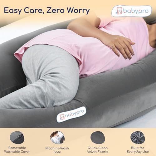Image of BabyPro U-Shaped Pregnancy Pillow with Silky Cooling Velvet Cover, Grey | Full Body Pillow for Back Pain, Head, Belly, Hips & Knees, Soft Cushion