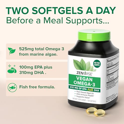 Zenwise Health Vegan Omega 3 Supplement for Women and Men from Marine Algae Oil with DHA & EPA - Plant Powered Fish Oil Alternative, Sustainably Sourced for Heart, Eye & Joint Health -120 CT