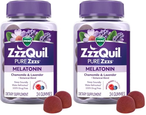 ZzzQuil Pure Zzzs, Melatonin Sleep Aid Gummies with Lavender, Valerian Root and Chamomile, Natural Wildberry Vanilla Flavor, Non-Habit Forming, Drug-Free, 24 Gummies (Pack of 2)