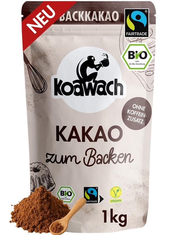koawach Bio Backkakao Kakaopulver versch. Größen. Ohne Koffeinzusatz vegan fairtrade. Ohne Zuckerzusatz & Aromen. Perfekt zum Backen Trinkschokolade. Wiederverschließbare Verpackung (1kg)