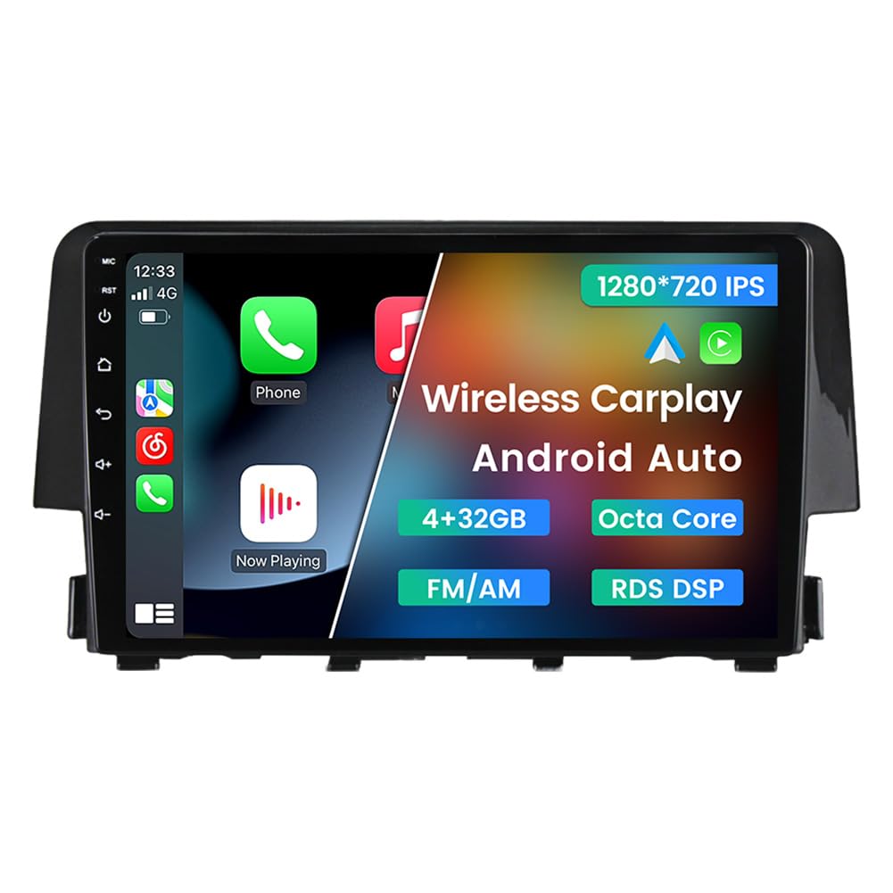 Android 13 Car Stereo for Honda Civic 2016-2021, 9 Inch Octa Core 3D Real-Time Dynamics Radio Wireless Wired Car-Play Android Auto GPS Navi IPS FM AM RDS DSP Head Unit 4G RAM 32G ROM