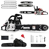 SHAYN 58cc Benzin-Kettensäge – 2-Takt-Kettensäge mit 50,8 cm & 40,6 cm Stange, 4 Ersatzketten, Anti-Vibration, geräuscharm, Auto-Öler, Werkzeugset und Tragetasche, leichte Gartensäge mit 3 Jahren