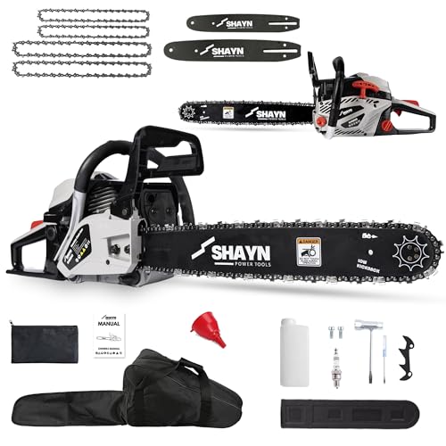 SHAYN 58cc Petrol Chainsaw - 2-Stroke Top Handle Chain Saw with 20" & 16" Bar, 4 Spare Chain, Anti-Vibration, Low-Noise, Auto Oiler, Toolkit & Carry Bag - Lightweight Garden Saw with 3-Year Warranty