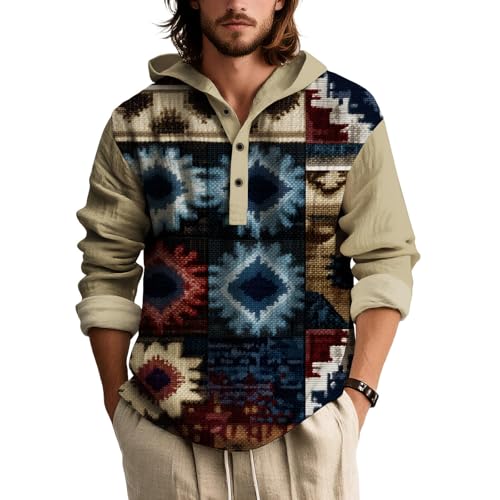 Mens Button DownHoodies Aztec Ethnic Graphic Patriotsic Shirts for Men Big and Tall Casual Loose Novelty Pullover Tops Long Sleeve Gradient Sweatshirts Hooded Clothing,Aztec Beige,S