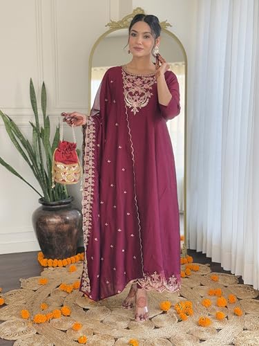 Image of Yashika Women Embroidered Vichitra Silk Fabric Straight Kurta, Pant and Dupatta Set | Kurta Set for Women