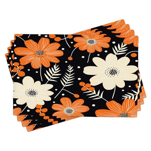 Lot de 4 sets de table rectangulaires printaniers, motif fleurs bohèmes, pois - Joli neutre orange brûlé et noir - En lin résistant à la chaleur - Lavable - Facile...