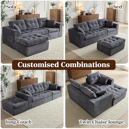 Image of ROXGOX Modular Sectional Sofa, Modern Boneless Couch with L-Shape Chaise, Home Sectional Comfy Sofa Set for Living Room Bedroom and Floor, Plush Corduroy, No Assembly Required (Gray)