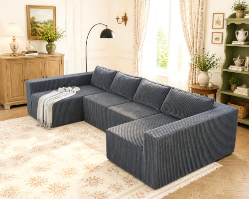 Image of Claiks 128 inch U Shaped Boneless Couch, Corduroy Sectional Sofa, Grey