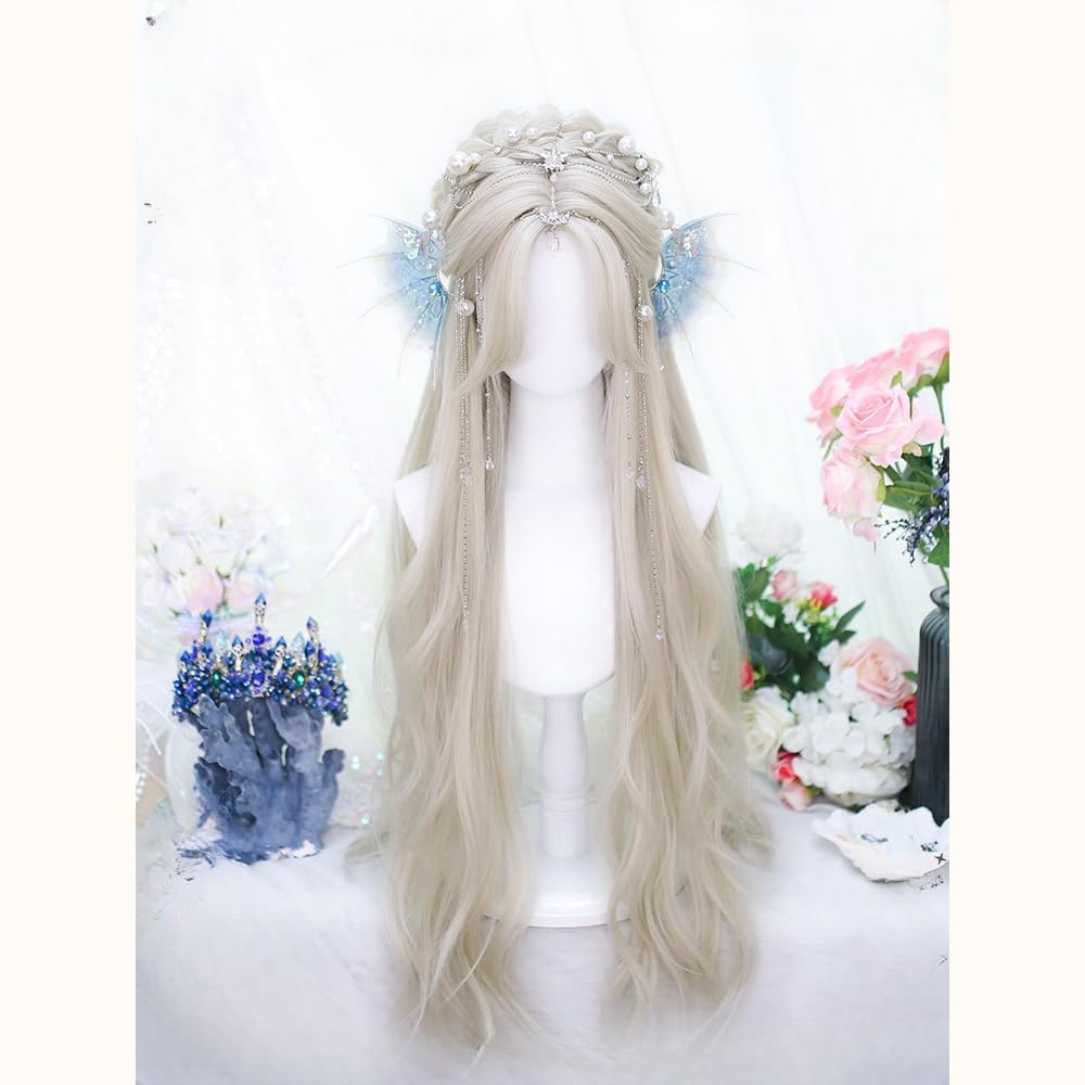 Long Wavy Wig with Bangs Light Blonde Curly Natural Middle Part Hair Synthetic Elegant Lolita Wigs