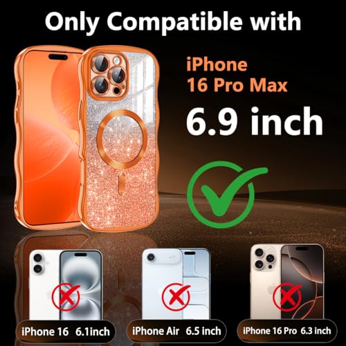 Meshine for iPhone 16 Pro Max Case,[Compatible with MagSafe][Build-in Camera Lens],Magnetic Curly Wavy Frame Shockproof Cute for Women Girls Cover for Apple iPhone 16 Pro Max 6.9 Inch,Glitter Orange - image 2