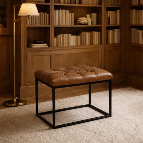 Image of HomePop Home Decor | Upholstered Tufted Faux Leather Ottoman Bench| Ottoman Bench for Living Room & Bedroom | Decorative Home Furniture (Distressed Brown Faux Leather) Small