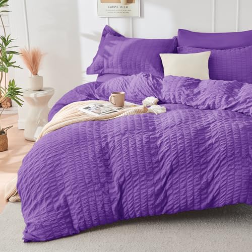 Image of HYMOKEGE Bright Purple Twin XL Comforter Set Seersucker 5 Pieces, All Season Luxury Bed in a Bag for Bedroom, Bedding Set with Comforter, Sheets, Pillowcase & Sham