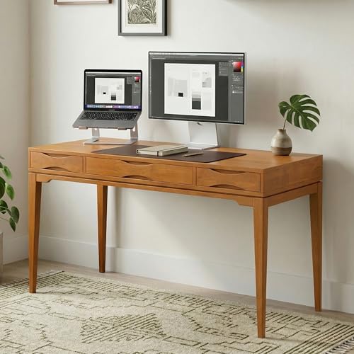 Image of SIMPLIHOME Harper Desk - 60 Inch Wide Solid Wood Writing Desk in Honey Brown, Mid-Century Modern Home Office Computer Table for Study with 2 Drawers and Flip-Down Keyboard Tray