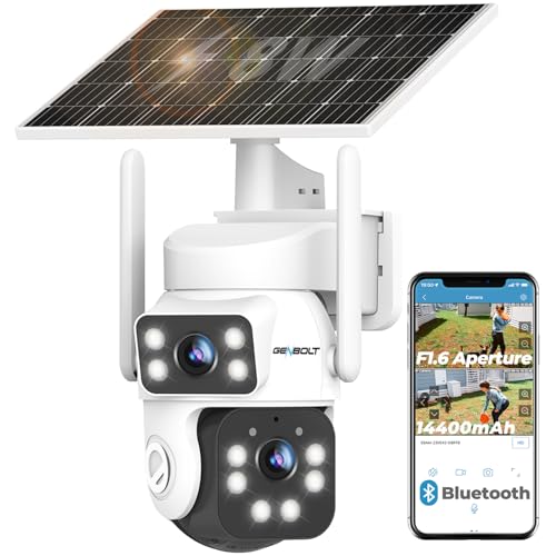 GENBOLT 2K Solaire WiFi Caméra De Surveillance Extérieur sans Fil, AOV Enregistrement 24/7 3MP+3MP IP Caméra Surveillance Batterie avec détection IA 90FT,8W 14400mAh...