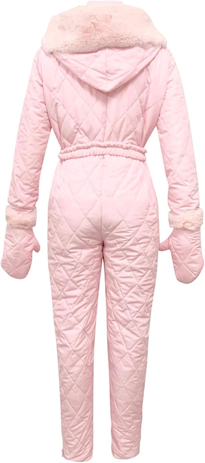 Traje de esquí para Mujer Traje de Nieve para Mujer Mono Moda Delgado Traje de esquí a Prueba de Viento Deportes al Aire Libre con Collar de Pelo Traje de esquí con Guantes (Rosa,M)