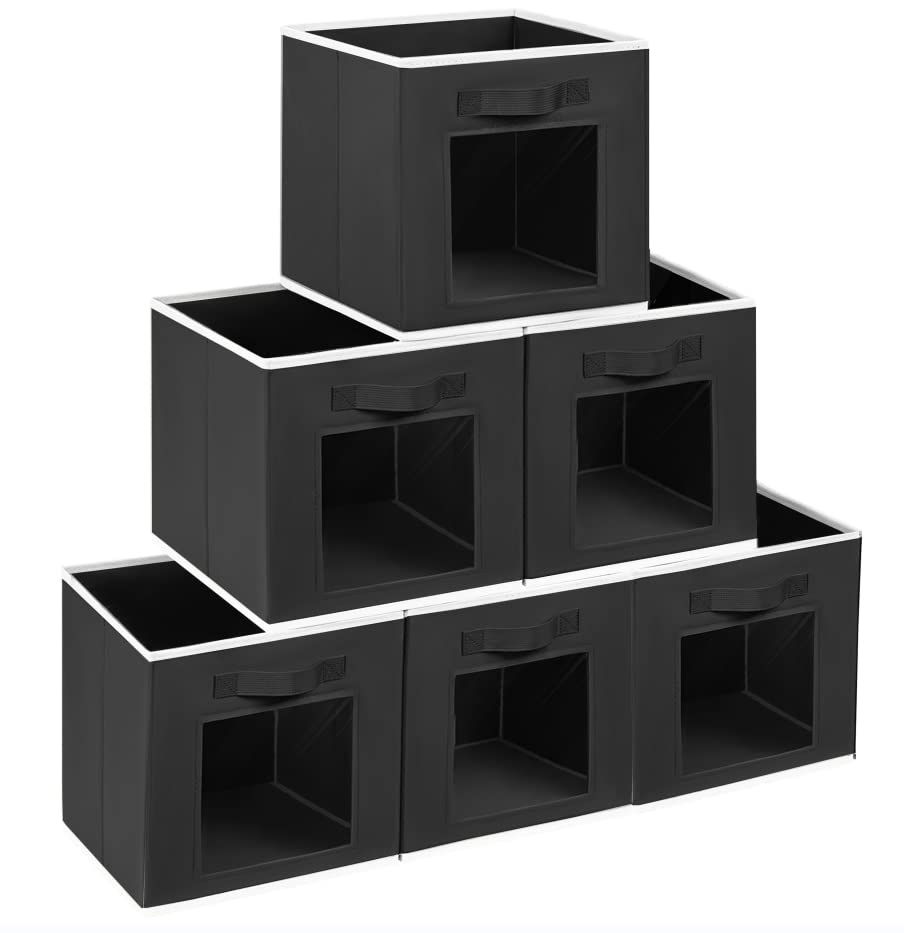 Homsorout Storage Boxes, 11 Inch Cube Storage Bins with Window, Closet Storage Baskets with Handle, Fabric Storage Organiser for Closet, Shelves, Toys, Clothes, Set of 6, Grey