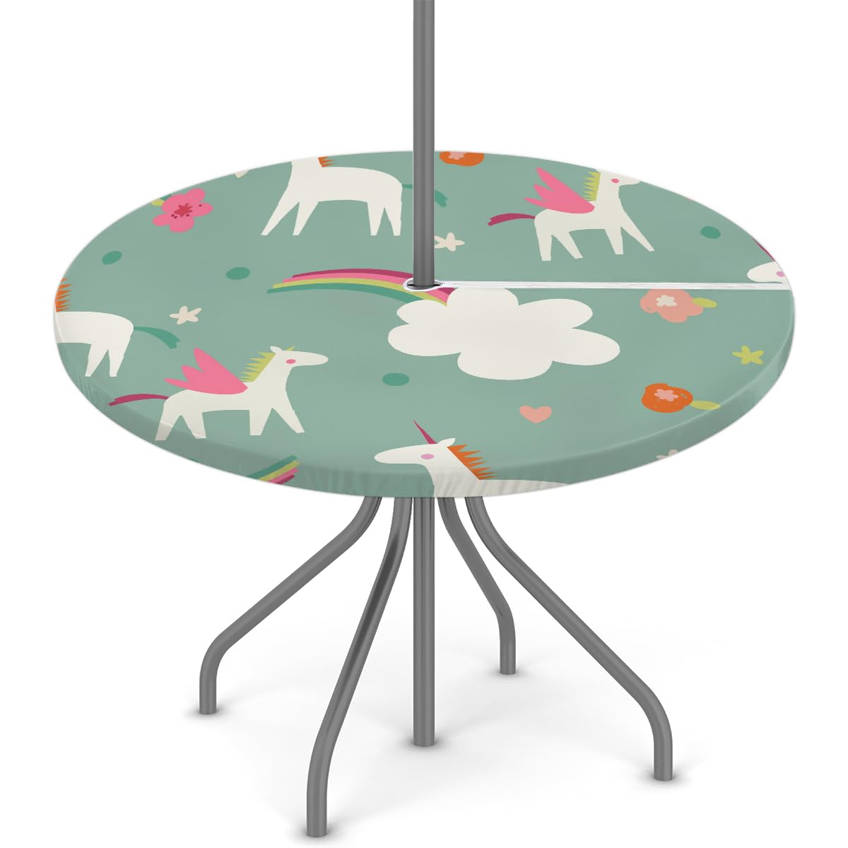 XMNYGJ Cute Magic Horses Round Fitted Tablecloth with Umbrella Hole Zipper for Patio Picnic Tables Elastic Outdoor Table Cover Waterproof and Stain Resistant 45-56 Inch