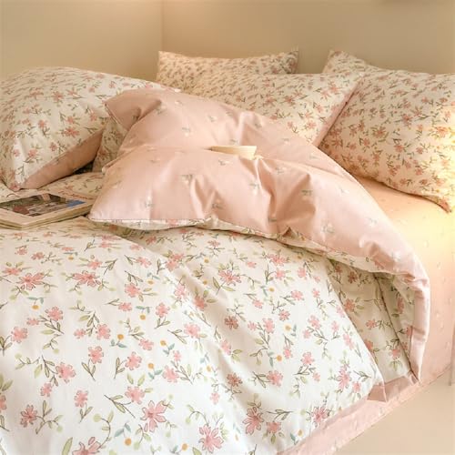 Image of Floral Duvet Cover Queen Size Pink Flower Reversible Bedding Set Garden Flower Botanical Soft & Lightweight Microfiber Comforter Cover Set with Zipper Closure and 2 Pillowcases
