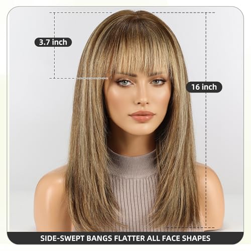 Image of 16 Inch Brown Mixed Blonde Human Hair Wig, Human Hair Wig With Bangs, Real Hair Wigs For Women, real human hair wigs