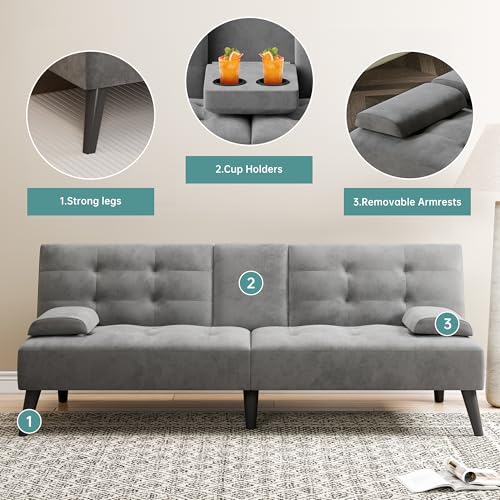 Meilocar 64\" Futon Sofa Bed, Convertible Loveseat with 2 Cup Holders, Small Couch with 3 Adjustable Angles & Armrests, Sleeper Sofa for Apartment, Office, Dark Grey