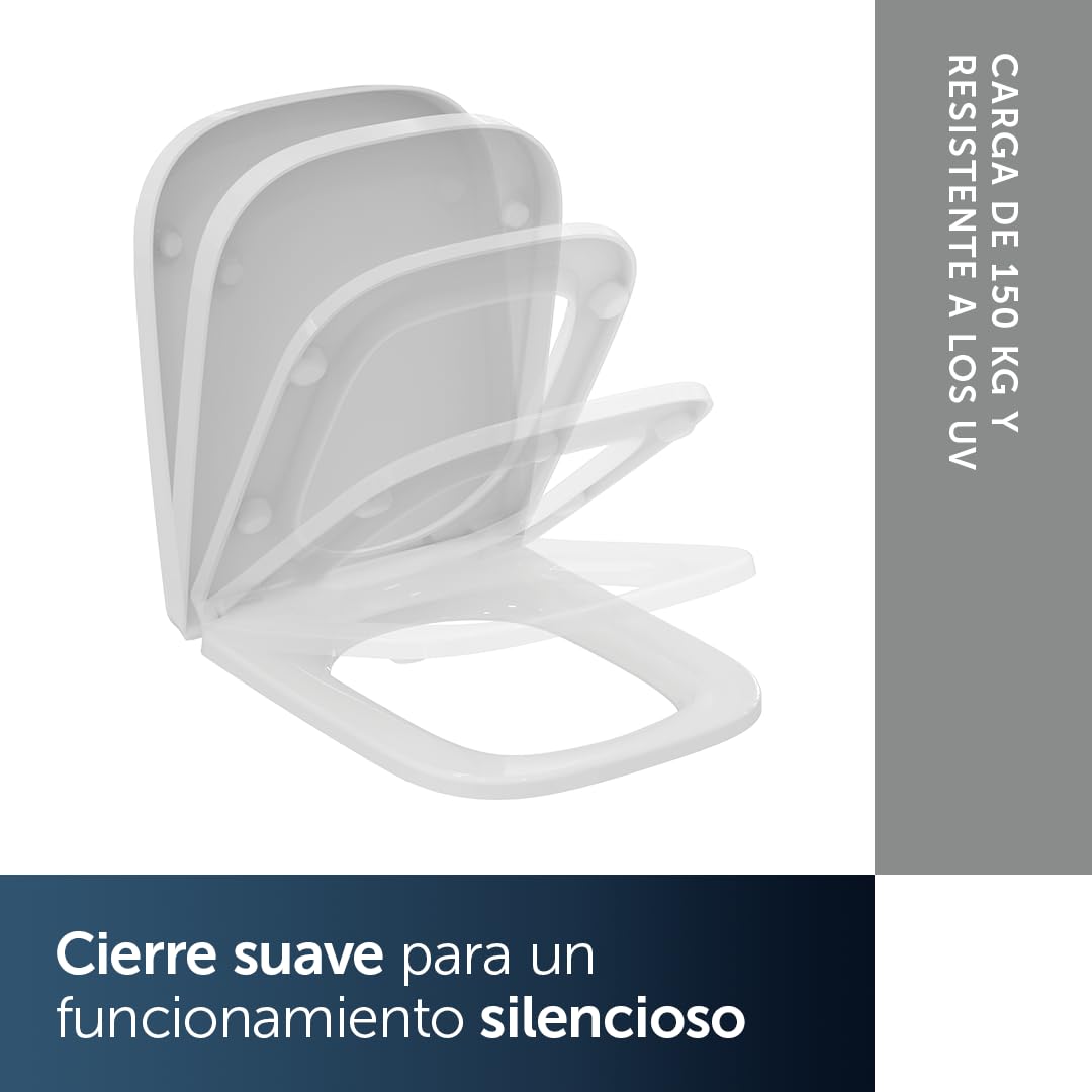 Ideal Standard Asiento de inodoro i.life S, diseño envolvente, cuadrado, con mecanismo de cierre suave, función de liberación rápida para facilitar la limpieza fabricado en Duroplast resistente Blanco