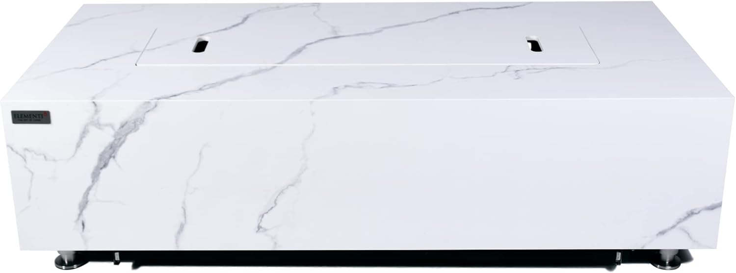 Elementi+ | Carrara Gas Fire Pit | Marble Porcelain & Metal Frame | 60" Rectangular Fire Table | Electronic Ignition | Canvas Cover, Fire Glass & Burner Lid Included | White | Propane Gas