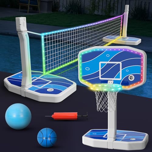 Jocoevol Pool Basketball Hoop and Volleyball Net 2 in 1 Poolside Light Up LED Basketball Hoop for...
