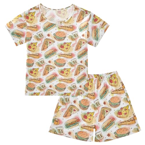 Cute Pizza Hamburger Pajama Set, Short Sleeve Cotton Sleepwear Nightwear