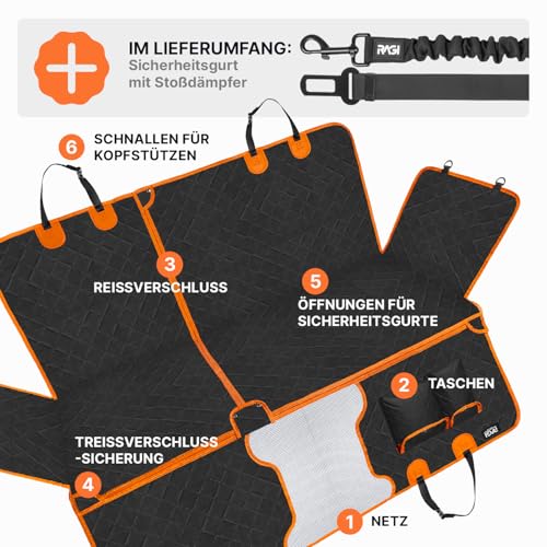 RAGI Hundedecke Auto Rückbank 4in1 - Wasserdicht Autoschondecke Hund Rücksitz - Teilbar Hundematte Auto mit Anschnallgurt - Kratzfeste & rutschfest Autodecke Hund Rücksitz für Alle Autos