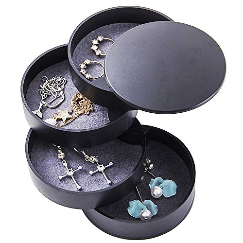 4-Layer 360° Rotatable Jewelry Organizer Box Black Jewelry Box Earring Holder for Women,Small Rotating Travel Jewelry Tray Case with Lid for Bracelets,Rings,Necklace