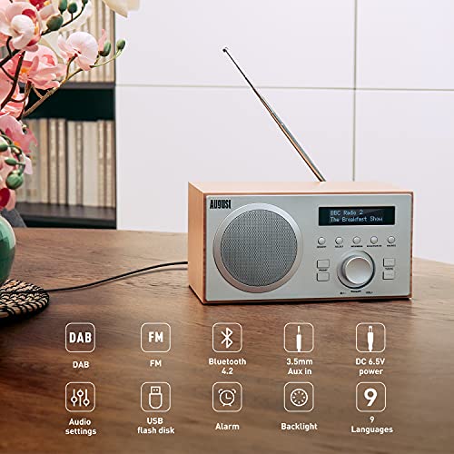 DAB+/FM Radio mit Bluetooth-August MB420-Digitales Küchenradio mit Holzgehäuse mit RDS-Funktion 60 Presets Hifi Lautsprecher 5W - Radiowecker mit Sleeptimer Alarm Snooze - USB/Aux-In/Aux-Out – Bild 3