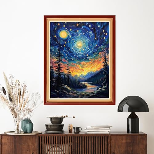 Image of Artvxeay Stamped Cross Stitch Kits - Embroidery Kits for Beginners Cross Stitch Kits for Adults 11 CT Printed Patterns Needlepoint Kits - Forest Van Gogh Starry Sky 16x20 inch