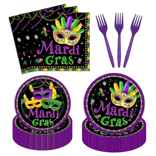 Mardi Gras Party Plates and Napkins Set 96Pcs Mardi Gras Dinnerware Set Festival Carnival Masquerade Party Supplies