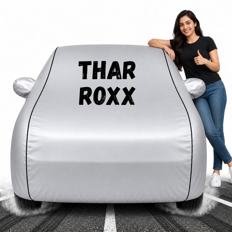 Image of Custom Fit Silver 100% Waterproof Thar Roxx Car Cover | Polyester Car Body Covers for Rain & Sun | UV Protection, Dustproof, Scratch Resistant, Windproof, Heat Resistant