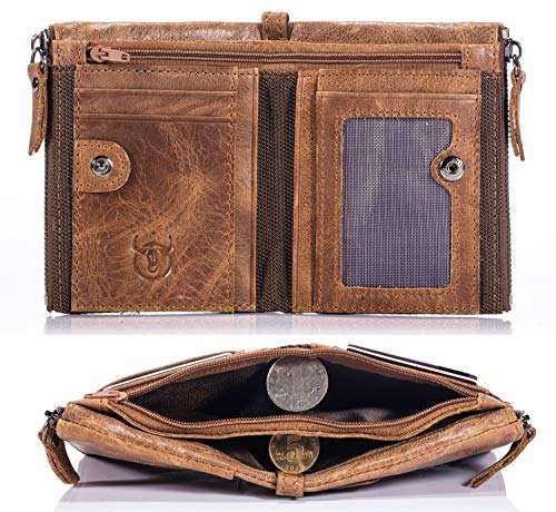 BULLCAPTAIN Genuine Leather Wallet for Men Vintage Bifold with Double Zipper Pockets (Brown)4