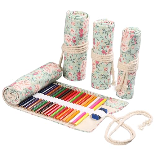 DIYOMR 24/36/72 compartimentos para lápis de embrulho, lápis de cor de artista, bolsa de enrolar com pincéis curtos, estojo organizador de lápis para desenhar, colorir e esboçar (floral pequeno, 12