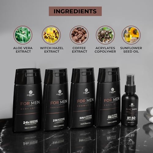 Image of Carlton London Men Gift Set 5 - Facewash, Body Lotion, Shower gel, Sunscreen spray, and Face scrub + mask | Cruelty free best for men and boys - 450ml
