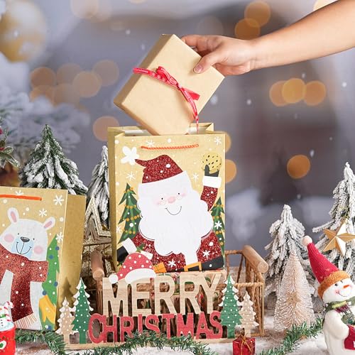 Image of Loveinside Christmas Gift Bags Set, Glitter Foil Santa, Penguin, Snowman & Polar Bear Design, Medium Size Bags with Handle, Tissue Paper for Christmas Gifts & Party Favors, 4 Pack, 7 inch X 4 inch X 9 inch