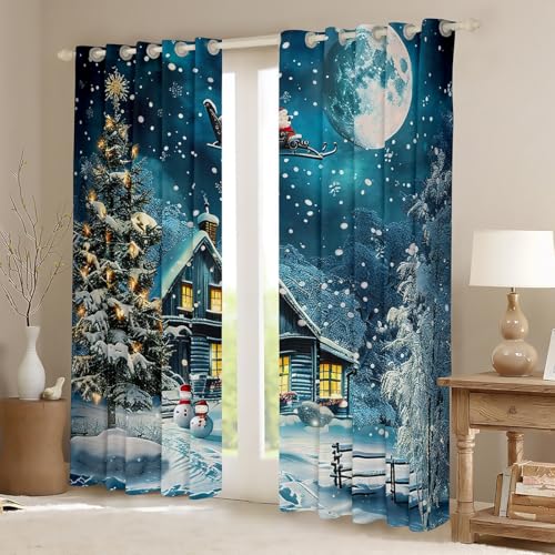 Homemissing Christmas Window Drapes Treatments Christmas Tree Curtains for Kids Boys Girls Warm Theme Winter Snow Window Drapes Merry Christmas Window Treatments - Image 2