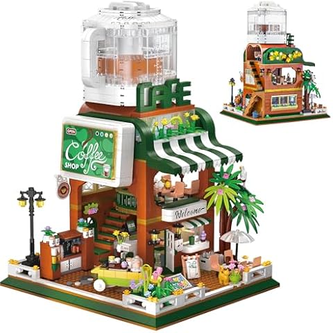 City Coffee House Mini Blocks Model Set, MOC Street View Cafe Shop with LED Modular Architecture Three-Story House Mini Building Blocks Kits Not Compatible with Lego for Kids Adults 1951 PCS Cover