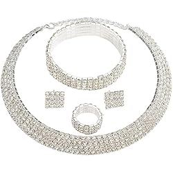 LSCUYZ Collar de cristal para novia, juego de pulsera, gargantilla de novia, collares, joyería de boda para mujeres y niñas, juegos de joyería para novia con diamantes de imitación brillantes