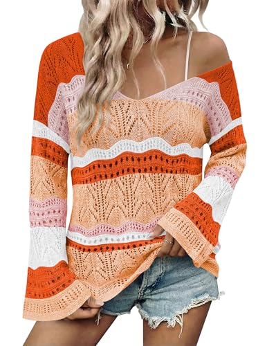 Image of Cakulo Womens Summer Crochet Tops Boho Off Shoulder Sweaters Lightweight V Neck Loose Vacation Resort Wear 2026