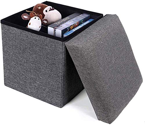 Pouf de rangement pliant lin boîte à jouets et tabouret cube - 5