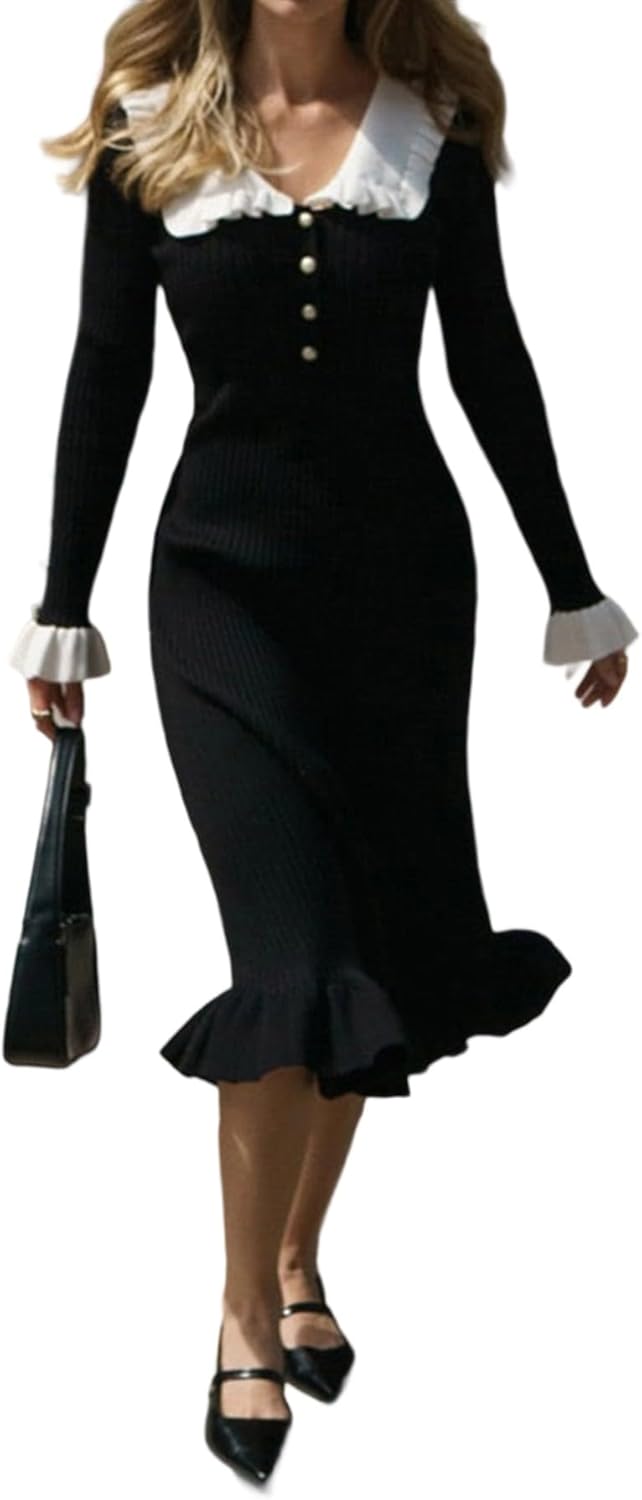 Famnbro Womens Sweater Dress Ruffle Long Sleeve Lapel Casual Elegant Bodycon Fall Midi Knit Dresses 2025