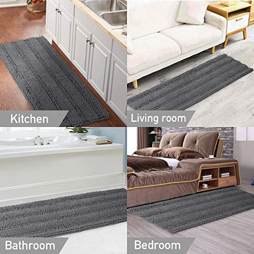 Bathroom Runner Rug Oversize Non-Slip Bathroom Rug Shag Shower Mat Extra Long Chenille Area Rug Grey Striped Bath Mat Runner Kitchen Rugs Washable Bath Mats For Bathroom, Gray, Size 59" X 20" #TOP5