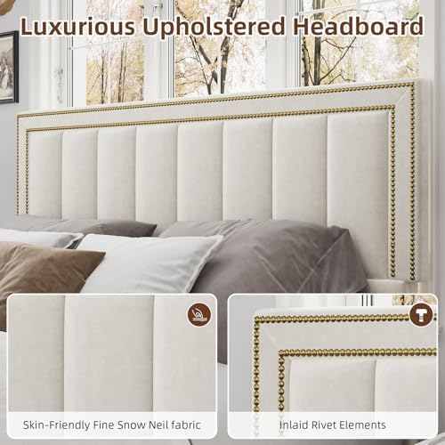 Image of BarnFurin 50 inch Extra Tall Queen Bed Frame, Squeak-Free Chenille Upholstered Platform Bed, Vertical Tufted, No Box Spring Required, Beige