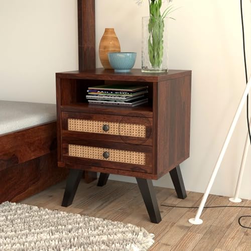 Image of Wooden Bedside Table with 2 Cane Rattan Drawers & Open Shelf | Modern Nightstand for Bedroom (Walnut Finish)